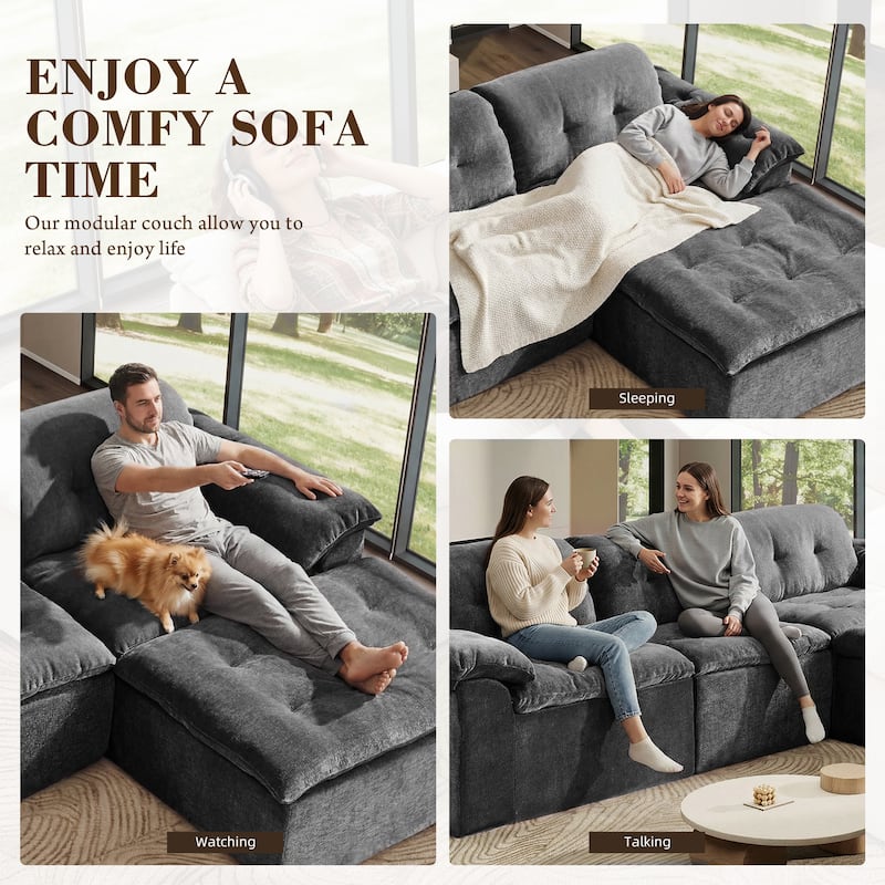 Rossetta L-Shaped Modular Chenille Cushioned Extreme Comfort Sofa with Detachable Backrest and Armrests, 1 Removable Ottoman