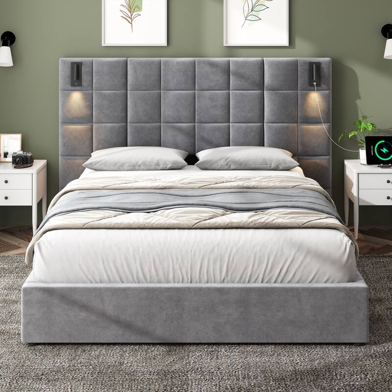 Queen Size Upholstered Bed Frame,With Wall Sconce And USB Port, Wide Headboard, Velvet, Gray