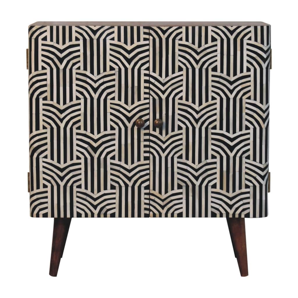 Artisan Furniture Solid Wood Honey Caramel Edessa Bone Inlay Cabinet, Black and white With Two Drawers