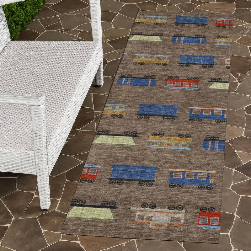 Machine Washable Indoor/ Outdoor Modern Train Chantille Rug - Coffee - 2'3" x 7'6"