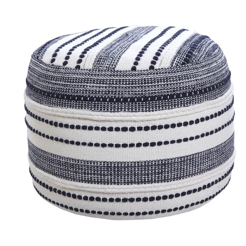 18 Inch Blue Cotton Pouf Ottoman for Living Room, Bohemian Style Seating - Blue-White