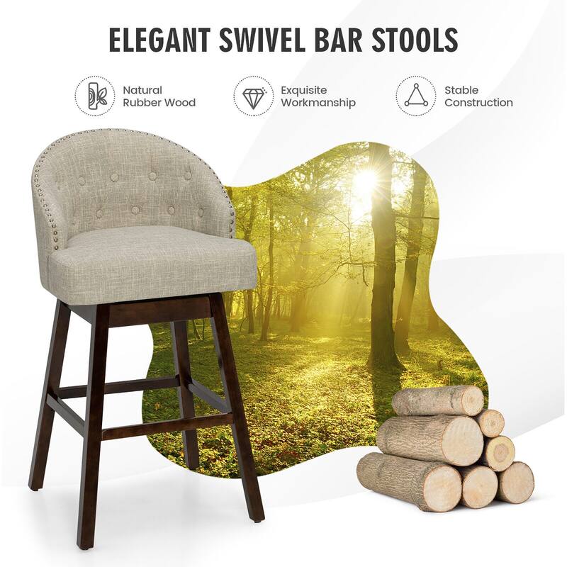 Gymax Set of 2 Swivel Bar Stools Tufted Bar Height Pub Chairs w/