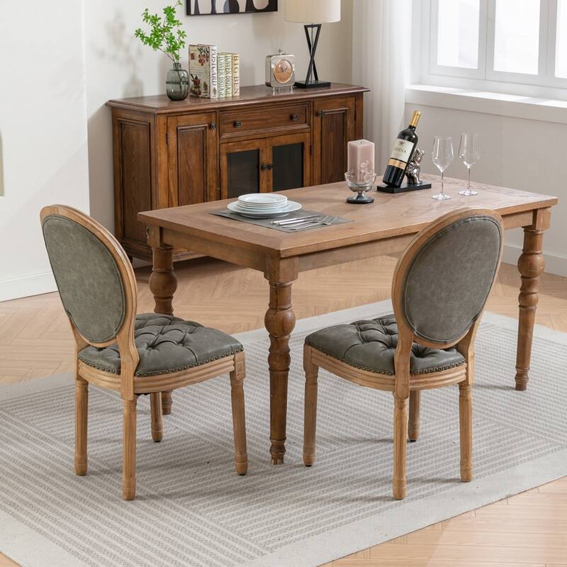French Style Solid Wood Frame Antique Painting Linen Fabric Back Dining Chair - Olive Green PU