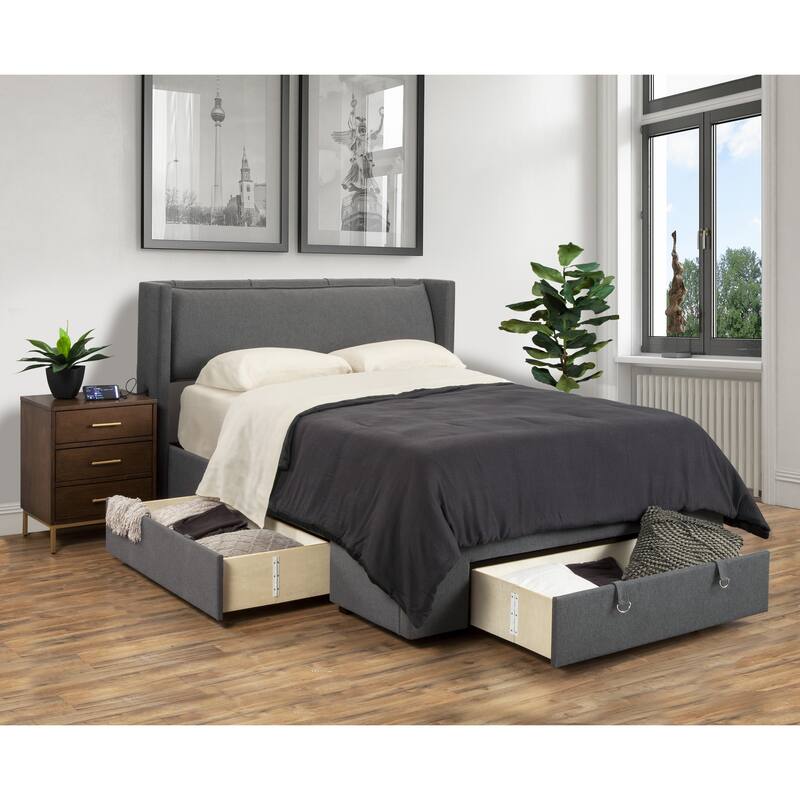 Republic Design House Pillowed Headboard Upholstered 3 Drawer Storage Bed, Grey Polyester