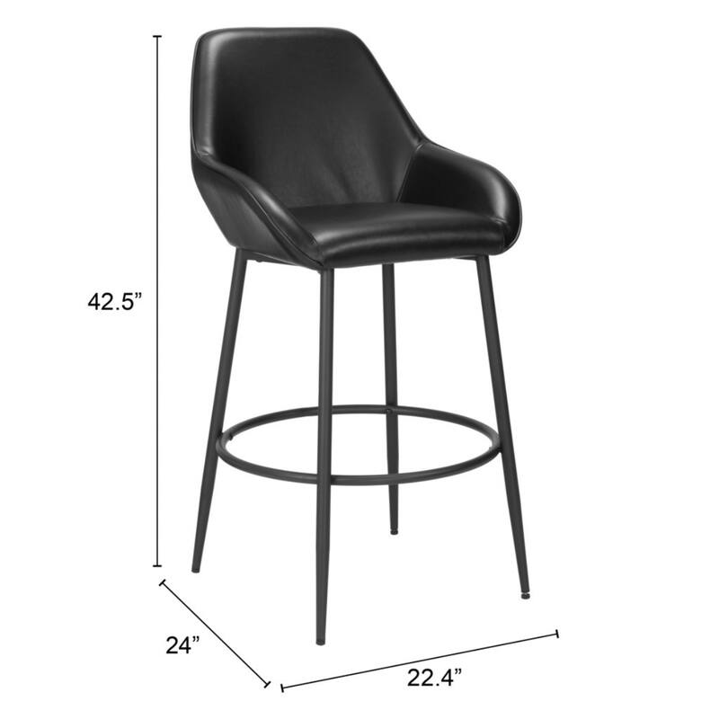 Set of 2 Modern Bar Height Chairs Black Faux Leather Upholstered Stools with Arms and Footrest - 42.5”H x 22.4”W x 24”D