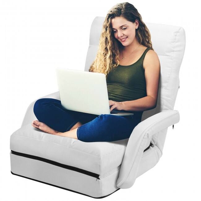 Folding Lazy Floor Chair Sofa with Armrests and Pillow-White - 22" x 26" x 29" (L x W x H)