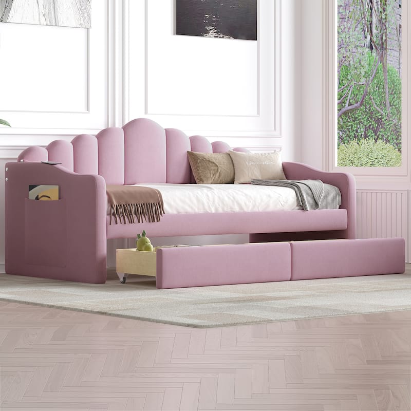 Twin Upholstered Daybed with USB Charging Ports, 2 Drawers