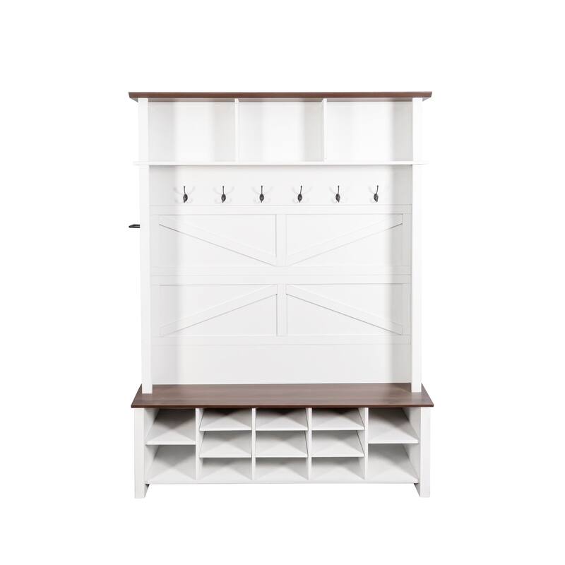 4-in-1 Hall Tree with Adjustable Shelves & Umbrella Holder, Wooden Shoe Cabinet with 16 Open Compartments