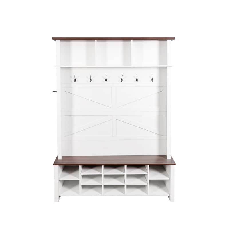 Farmhouse 4-in-1 Hall Tree with 6 Hooks, Walnut Entryway Bench with Adjustable Shelves & 16 Open Compartments