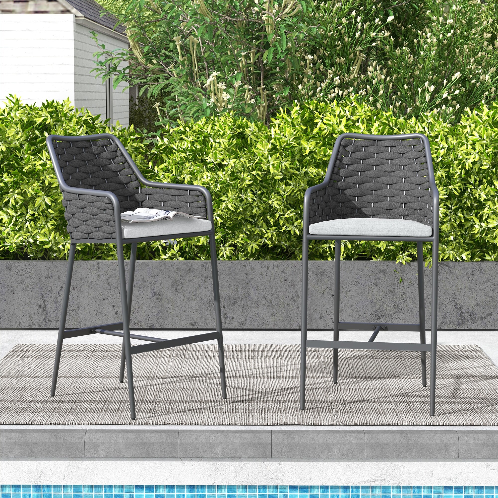 Outdoor Metal High Arm Barstool Chair with Cushions (set of 2)