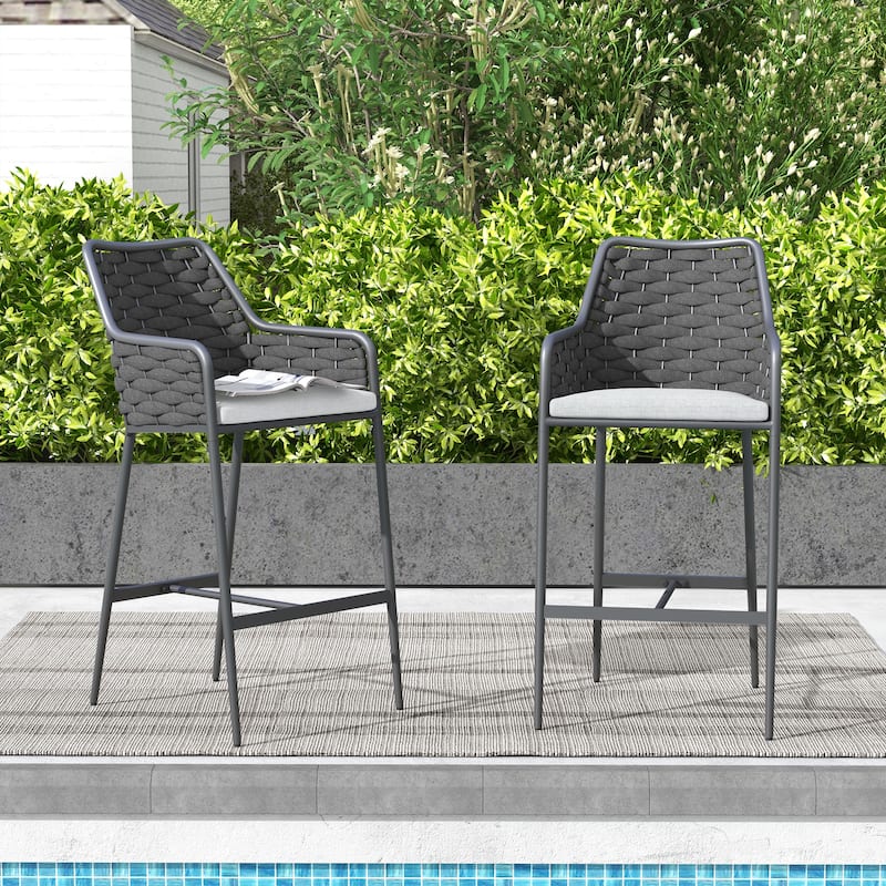 Outdoor Metal High Arm Barstool Chair with Cushions (set of 2)