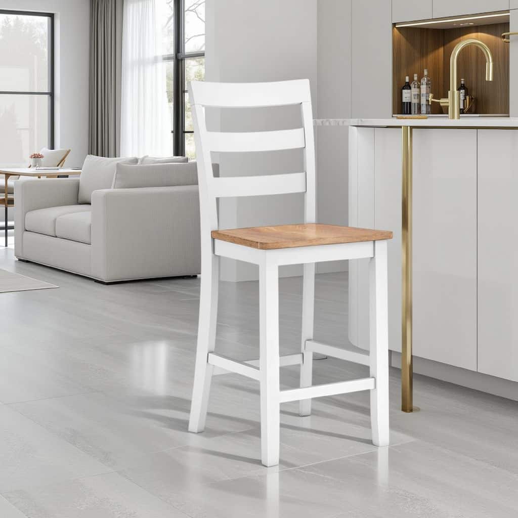 Gasy Counter Chair Set of 2, 24 Inch White Brown Solid Mango Wood