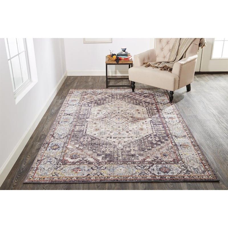 Matana Space Dyed Medallion Area Rug, Light Gray/Plum/Rust
