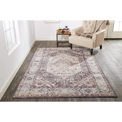 Matana Space Dyed Medallion Area Rug, Light Gray/Plum/Rust