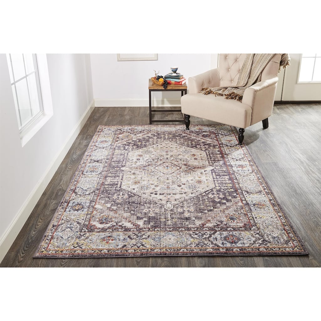 Matana Space Dyed Medallion Area Rug, Light Gray/Plum/Rust