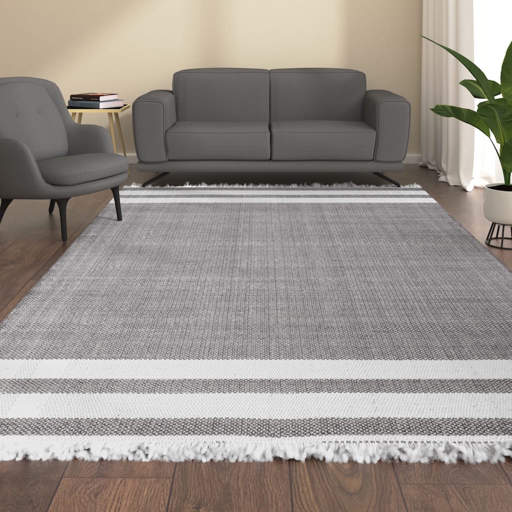Sevita Cinder Gray Striped PET Yarn Indoor/Outdoor Area Rug