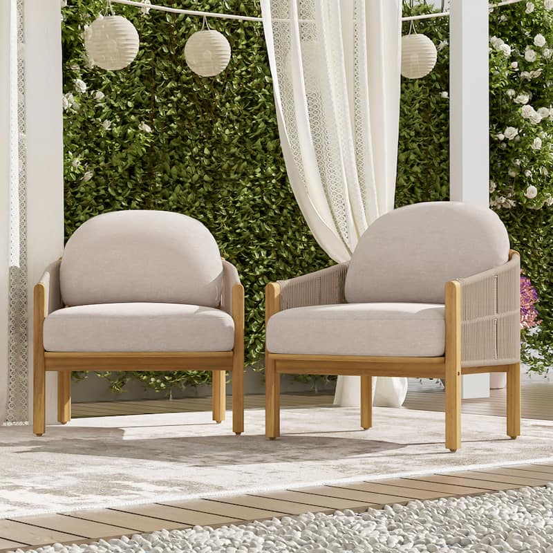 Christopher Knight Home - Ethan Outdoor Wood Club Chair with Rope and Cushion - 2-Piece - Teak Finish+Beige Cushion