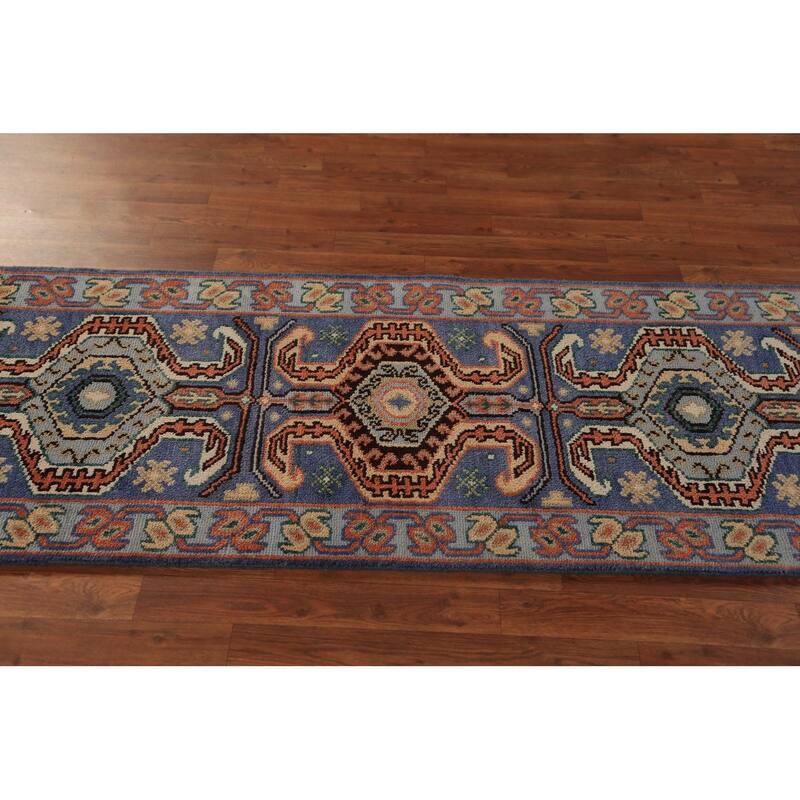 Geometric Kazak Indian Runner Rug Handmade Blue Wool Carpet - 2'6"x 9'10"
