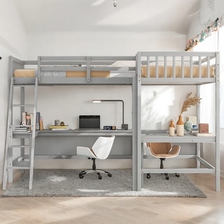 Wood Twin Size L-Shaped Loft Kids Bed Frame with Ladder, 2-Built-in Desks, No Box Spring Required, Easy to Assemble, Grey