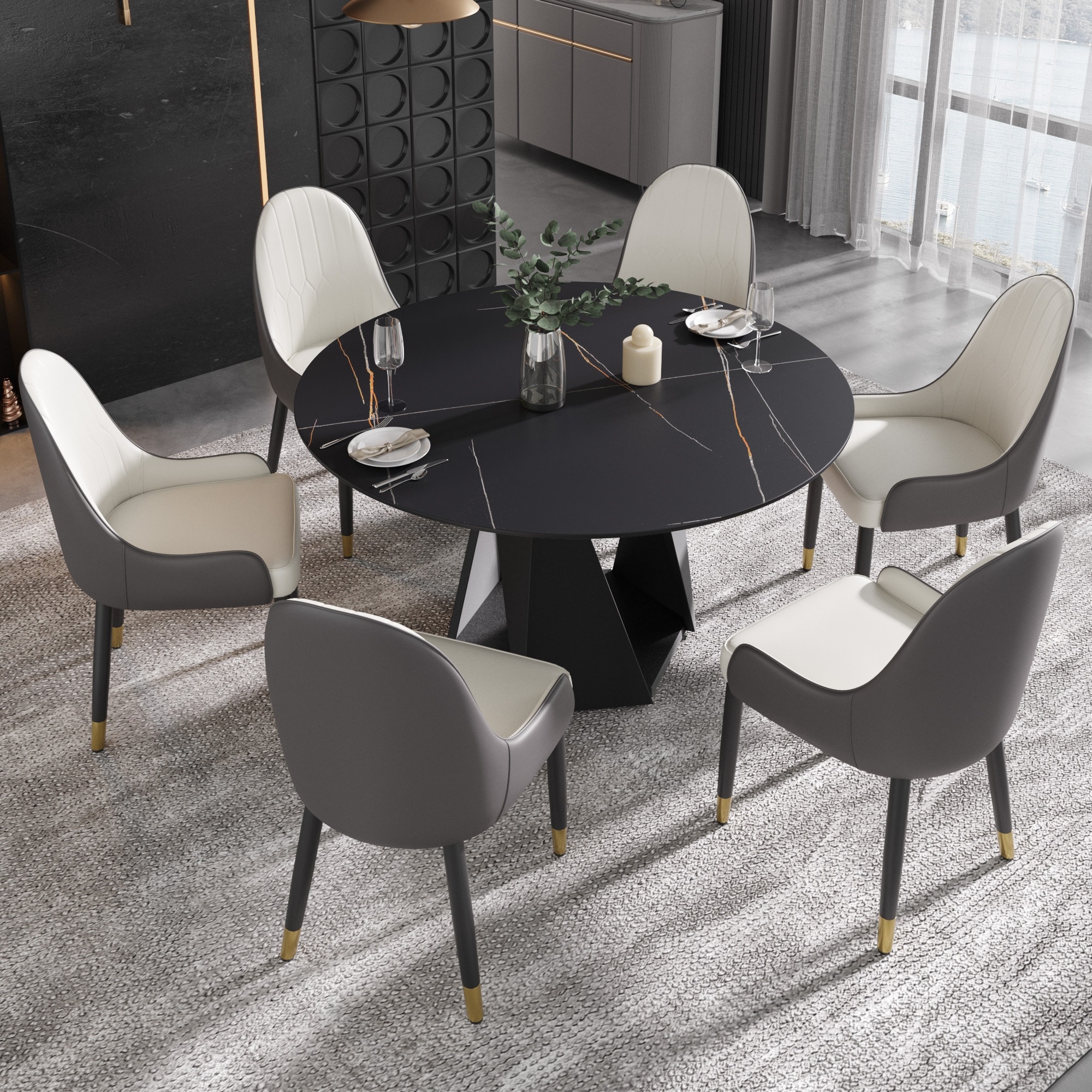 53" Modern Marble Sintered Stone Dining Table, with Black Metal Base for Mid-Century Round Kitchen Table