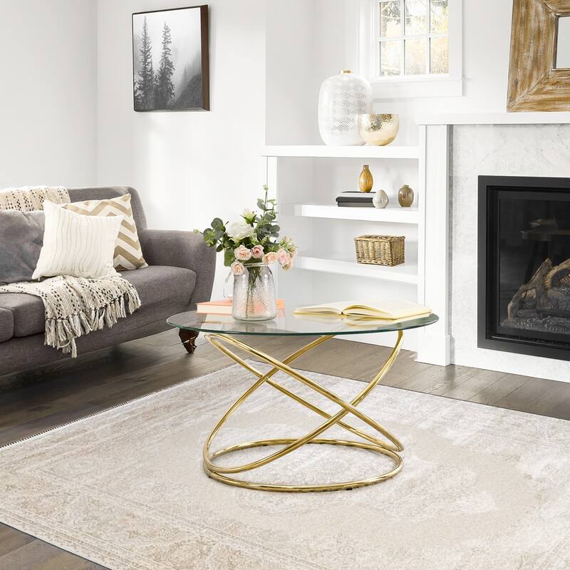 Tempered Glass Top Round Coffee Table with Metal Base - 31.5"Dia Top x 17.7"H x 23.6"Dia Base