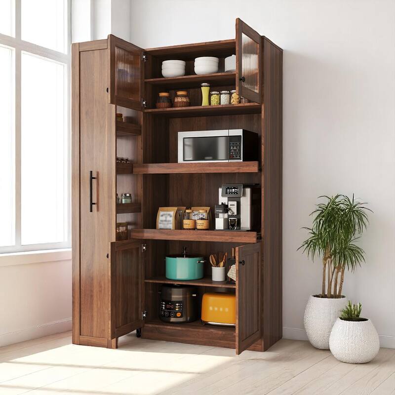 Freestanding Kitchen Storage Cabinet with Multi-Tier Pull-Out Shelves, Farmhouse Pantry Organizer, 4 Doors
