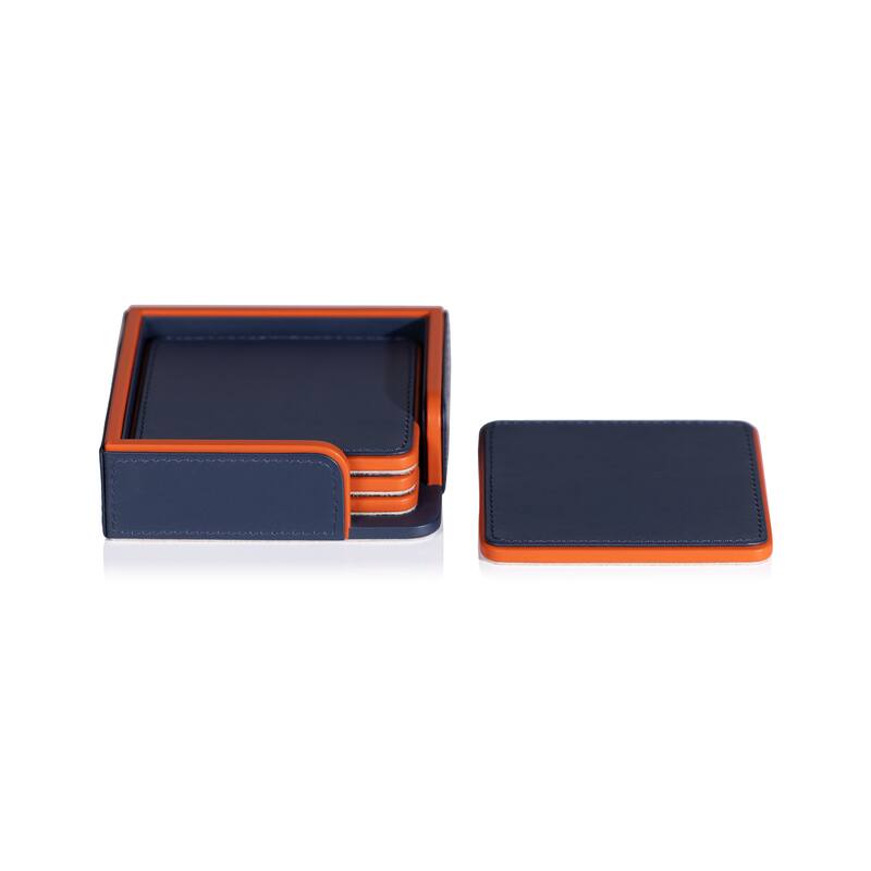 Nappa Leather 4-Piece Coaster Set on Tray - Navy & Orange