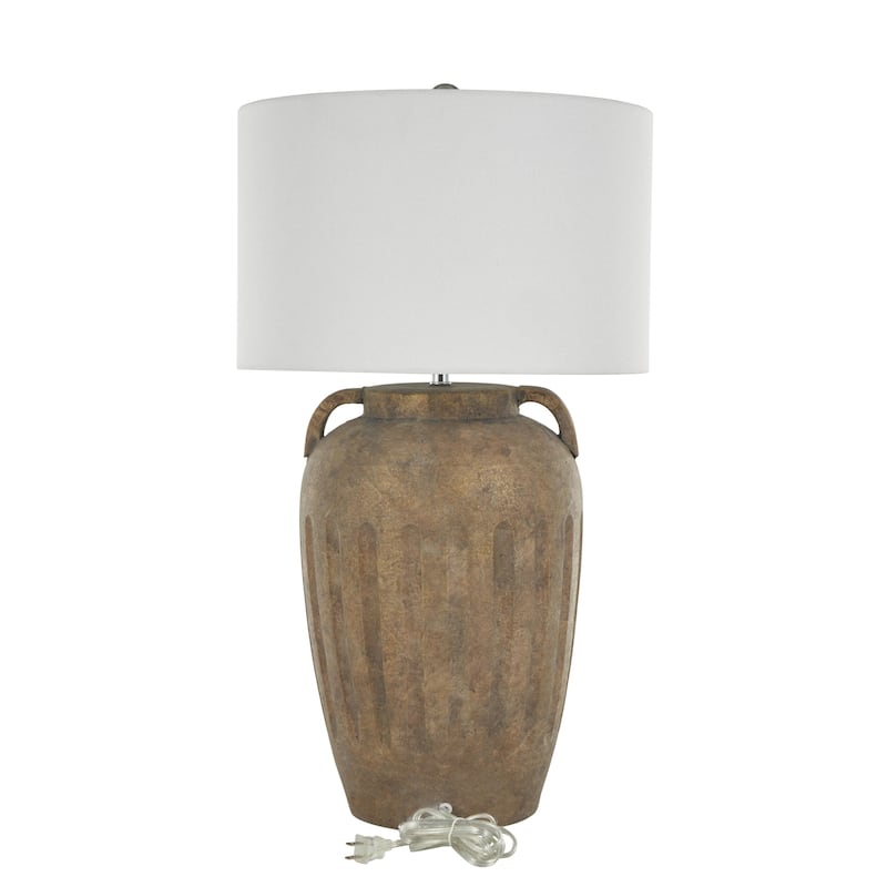 Ceramic Distressed Antique Style Pot Vase Room Table Lamp with Cream Linen Shade - Brown, Black, Cream - Roche River Decor