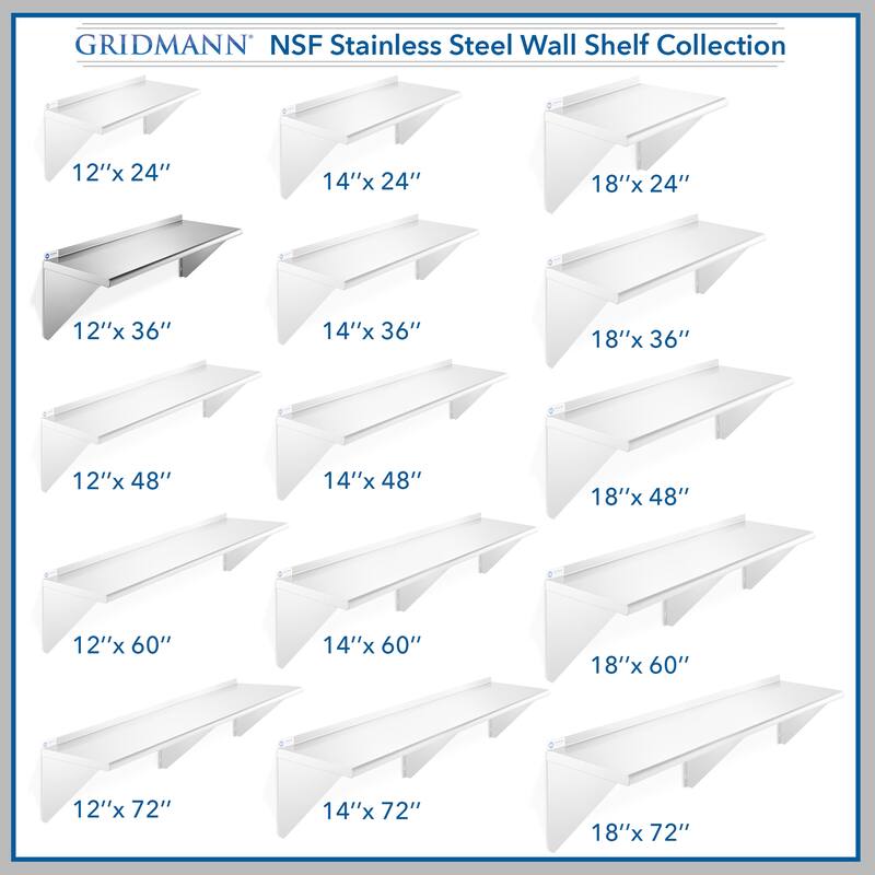 36 x 12in NSF Stainless Steel WallMount Shelf - 12" x 36"