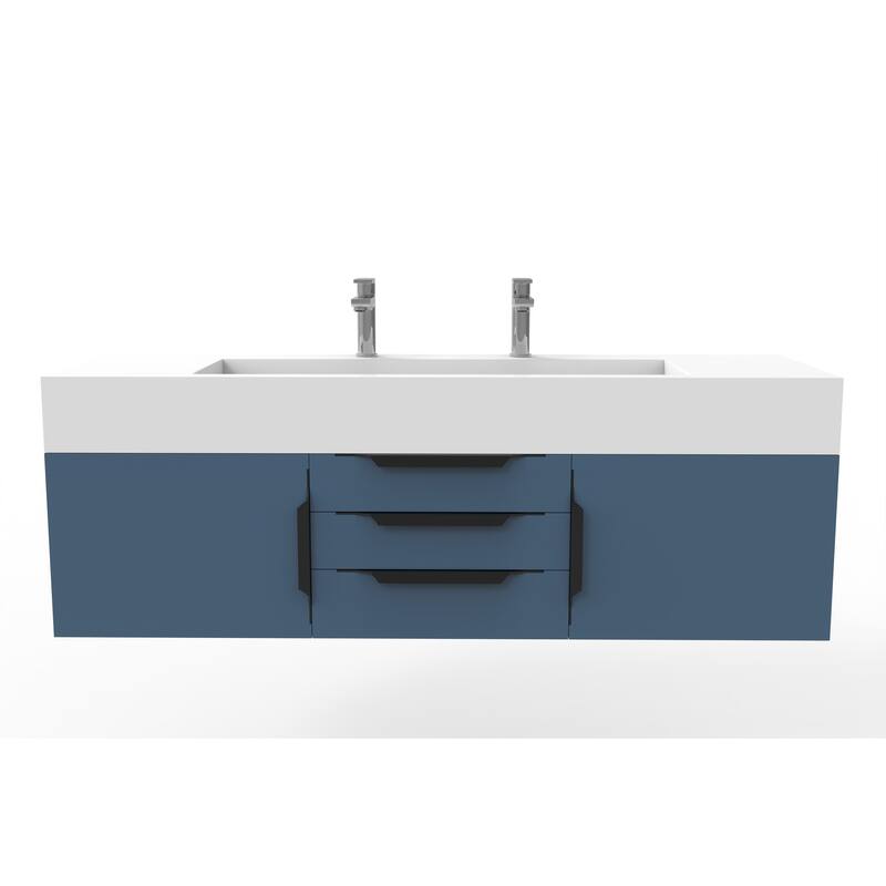 Nile 60" Wall Mounted Bathroom Vanity Set w/ White Top - Blue - Matte