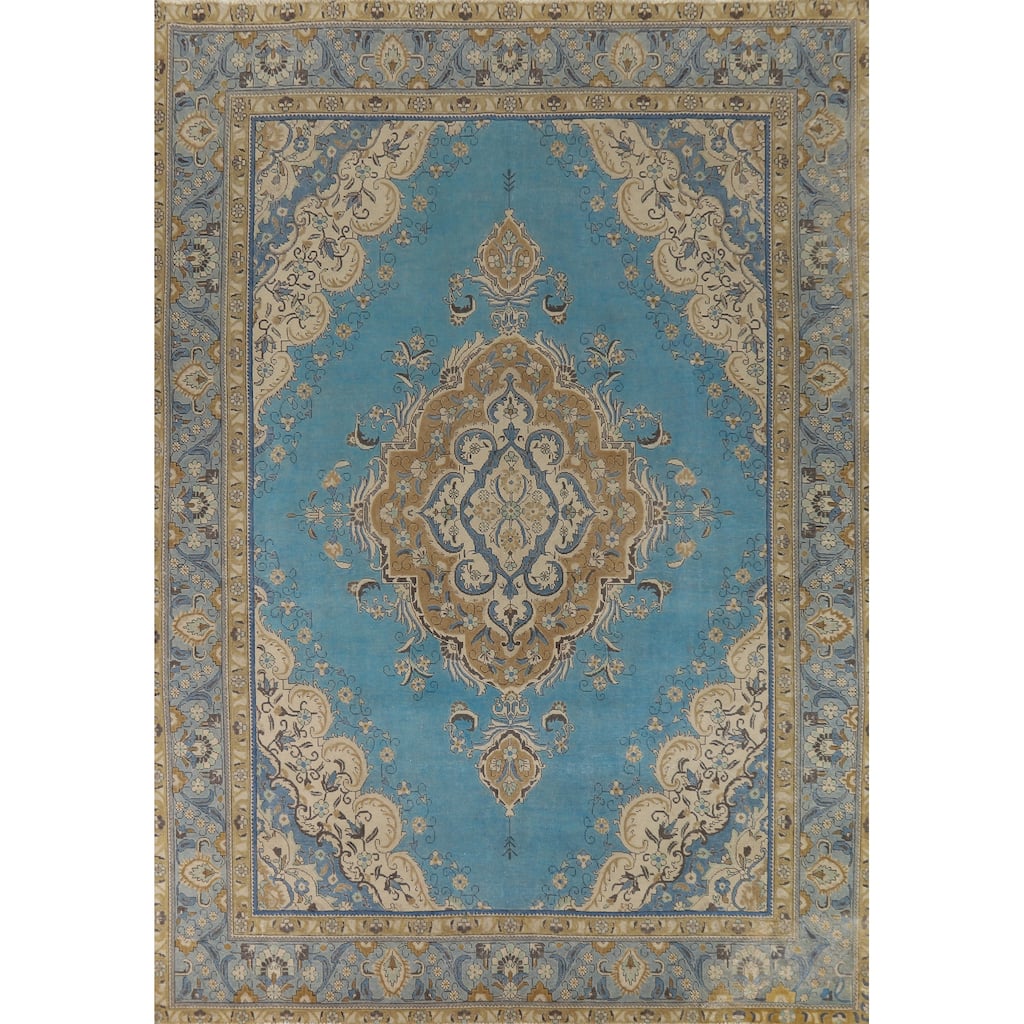 Blue Medallion Tabriz Persian Rug Hand-Knotted Oriental Wool Carpet - 9'6"x 12'8"