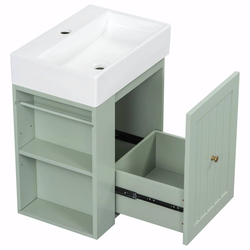 20-Inch Bathroom Vanity with Ceramic Sink - MDF Storage Cabinet with Drawer, Side Shelf and Silver Handle