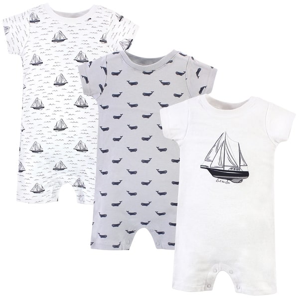 slide 1 of 1, Hudson Baby Infant Boy Cotton Rompers 3pk, Sail The Sea 0 - 3 Months - Grey
