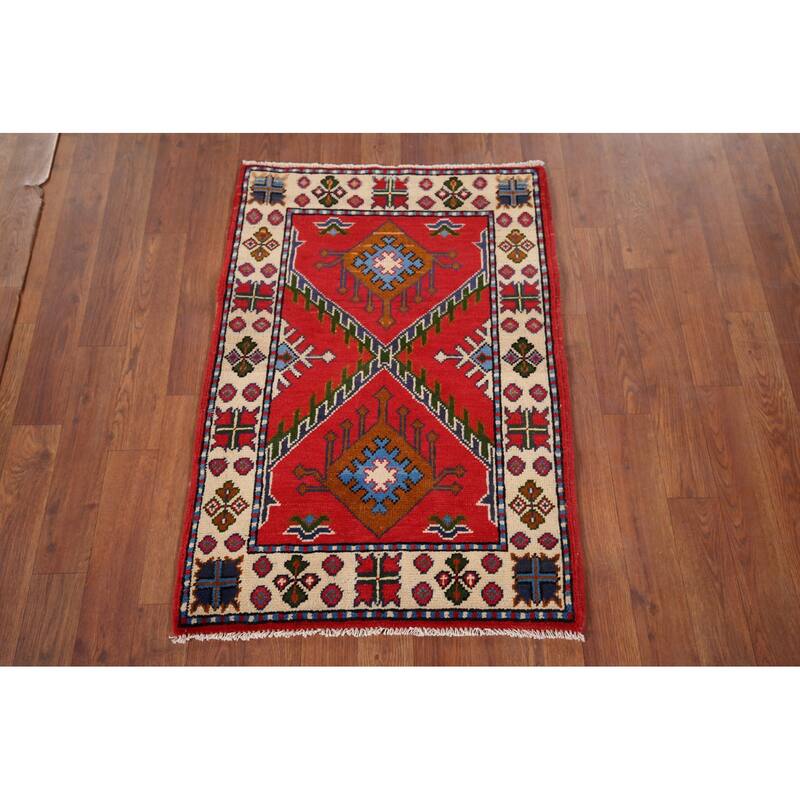 Geometric Red Kazak Accent Rug Hand-Knotted Wool Carpet - 2'1" x 2'11"