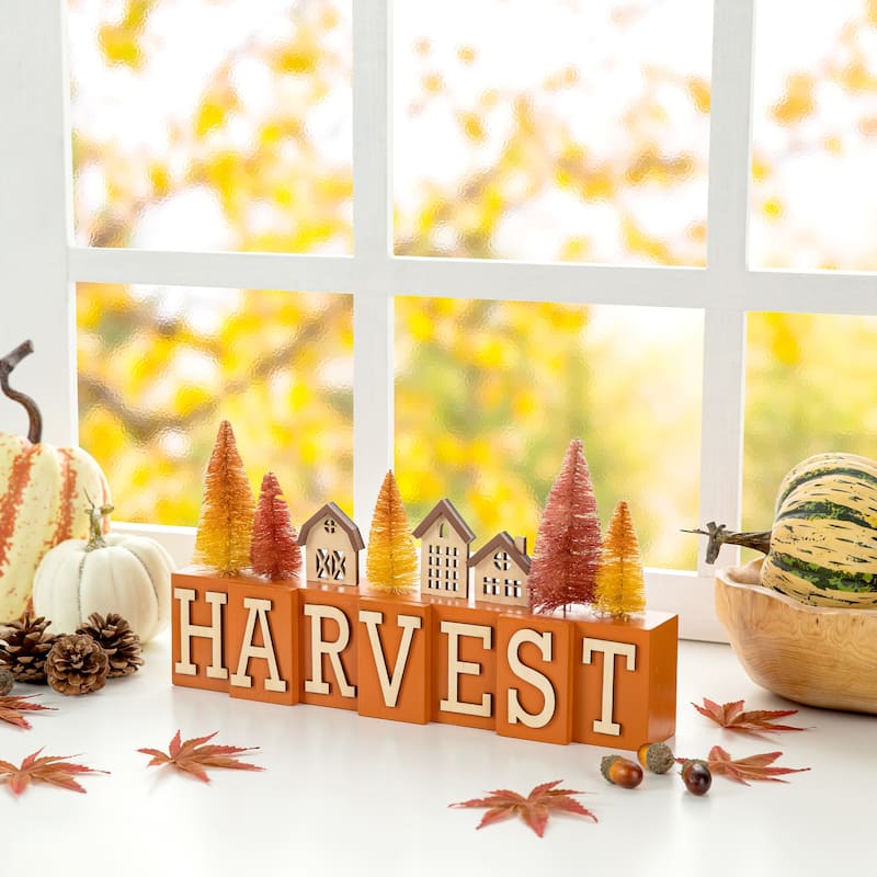 Glitzhome 14"L Fall Harvest Wooden House & Brush Trees Table Decor