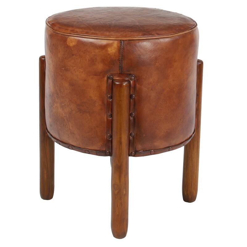 Teak Wood Handmade Upholstered Leather Stool with Wood Legs - Brown - Roche River Decor