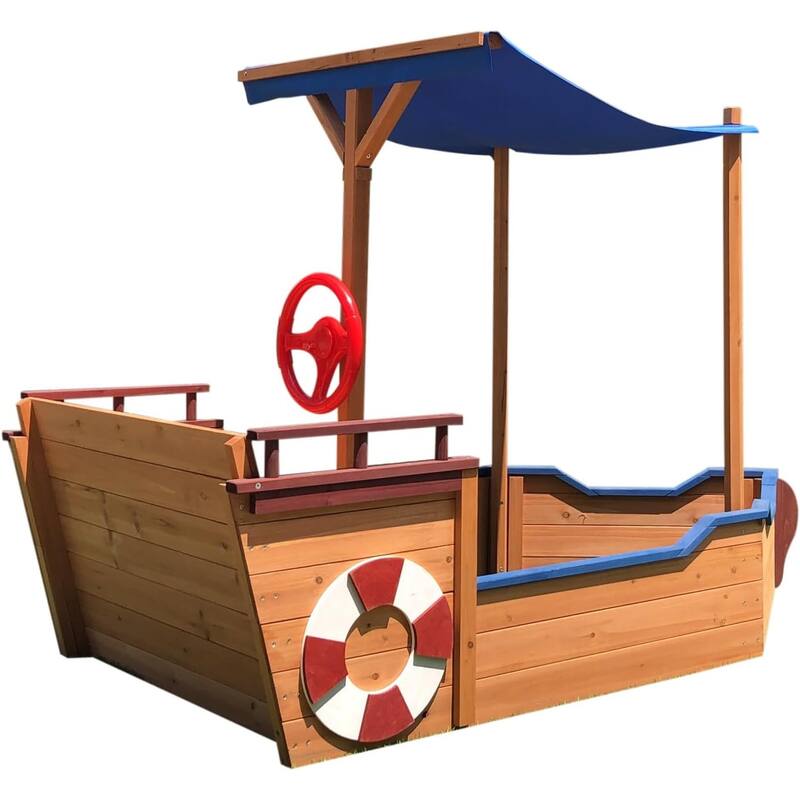 Sandbox with Cover,Wood Ship Sandbox with Rudder,Storage Bench and Seat