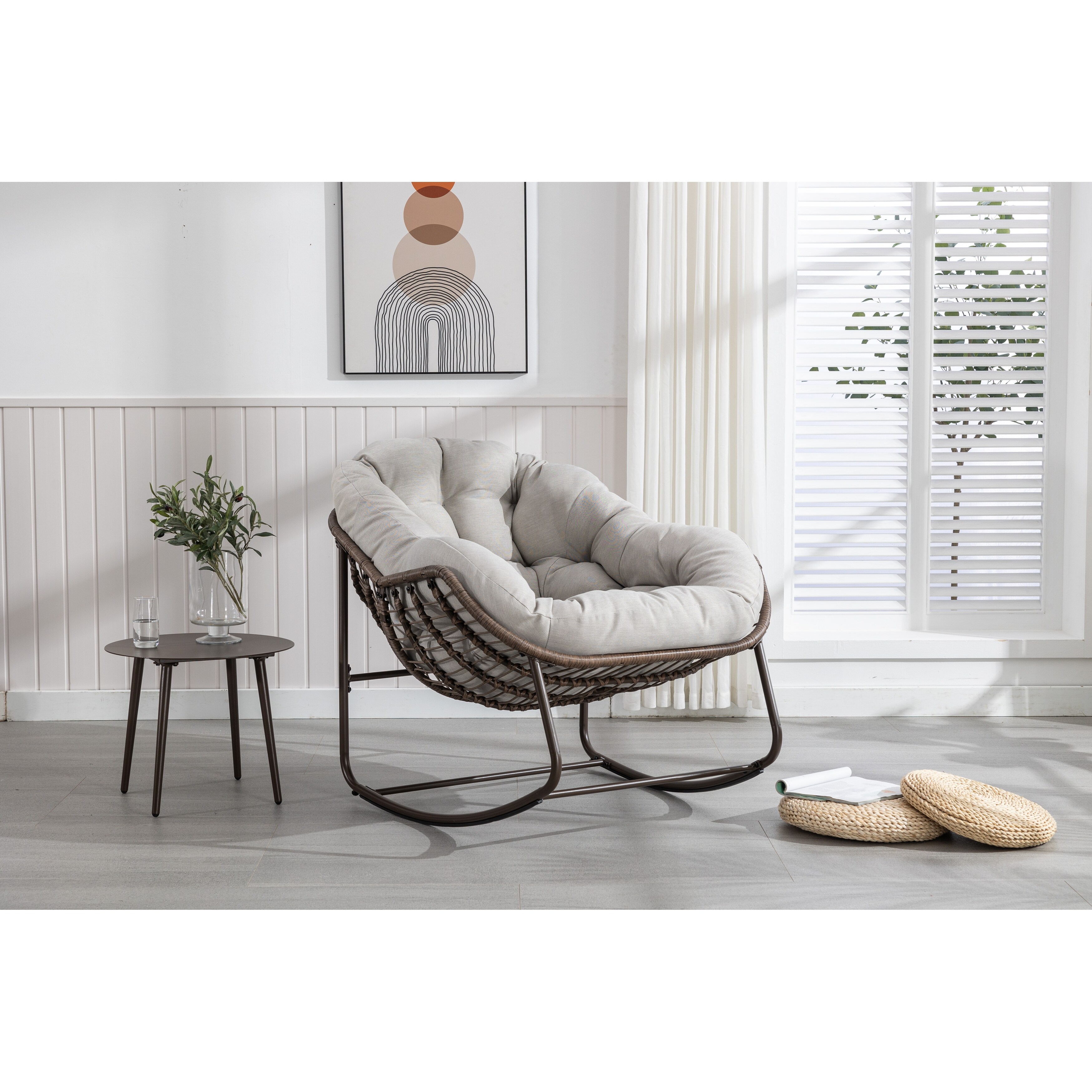 Padded Cushion Rocker Recliner Chair Outdoor Rattan Rocking Chair Orange