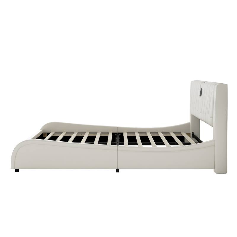 Queen Size Faux Leather Platform Bed with RGB LED Lights, Bluetooth Speakers, and Thickened Headboard