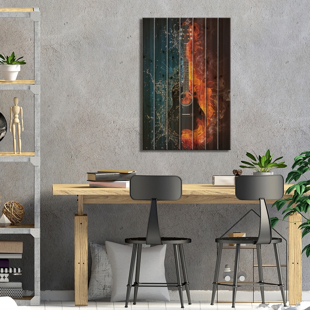 Acoustic Guitar Fire And Water Print On Wood by VisualGeneration