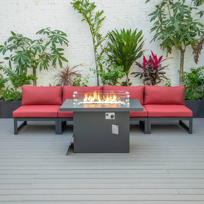 LeisureMod Chelsea 5-Piece Outdoor Patio Chairs and Fire Pit Table Set