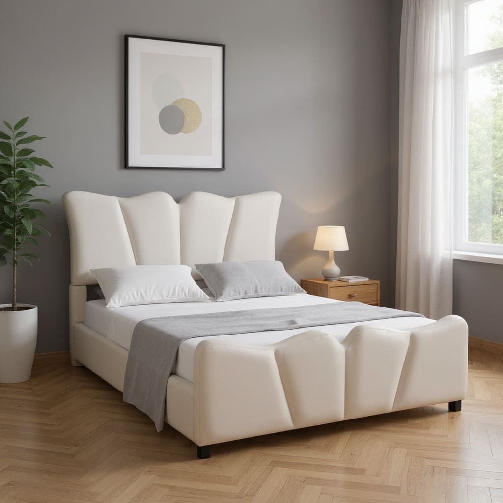HomeRoots Beige Tufted Velvet Upholstered Full Bed Frame