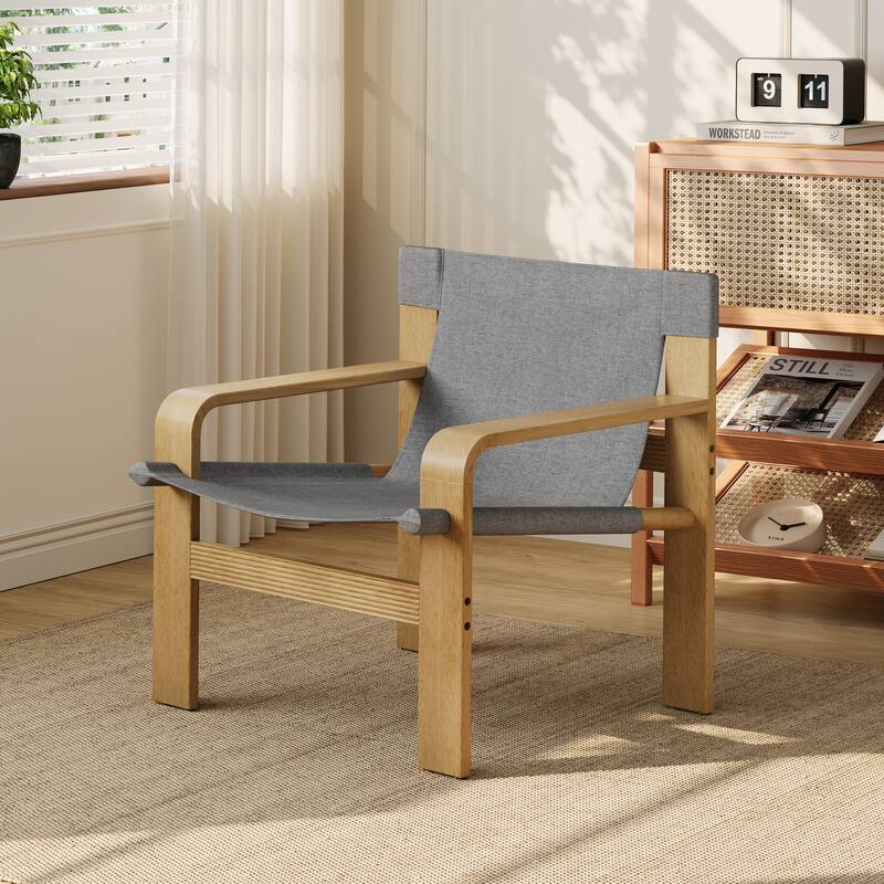 Detachable and washable Oak Accent Chair Wide Armrest Mid-Century Lounge Chair Linen Fabric Armchair & Solid Wood Frame