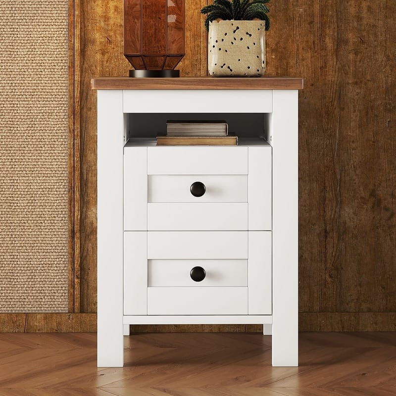 Farmhouse Style Wood Nightstand with 2 Drawers and Open Shelves,Side Table for Living Room and Bedroom