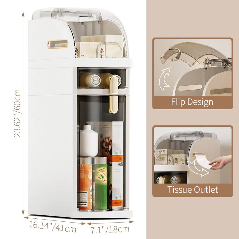 Slim Bathroom Storage Cabinet with Drawers & Tissue Box, Plastic Narrow Rolling Bathroom Tower Cart No Installation