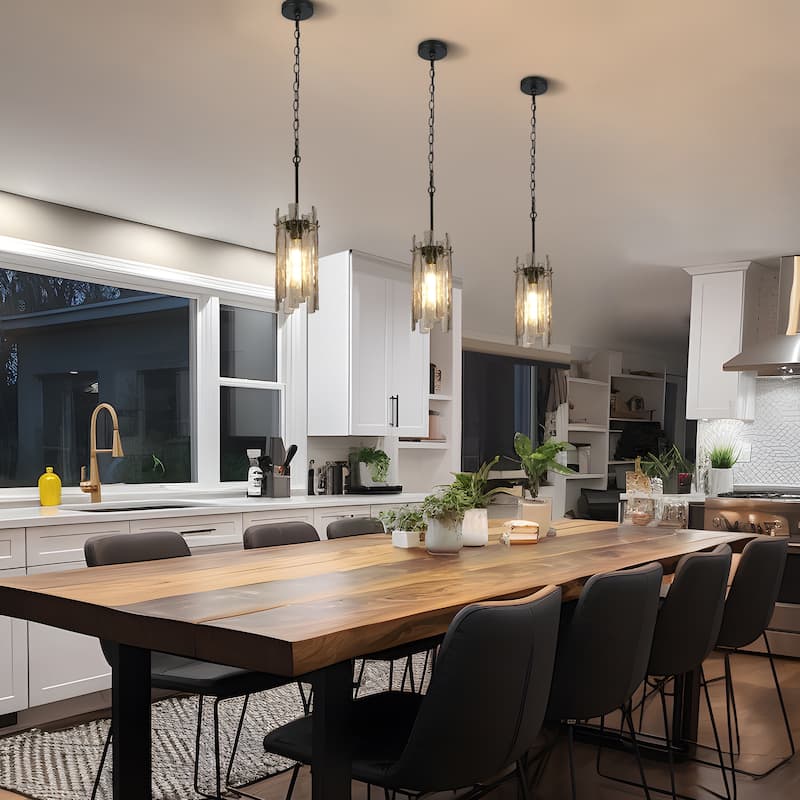 Modern 1-Light Black Cylinder Pendant Light Texture Glass Island Light - D 7.9" x H 16.5"