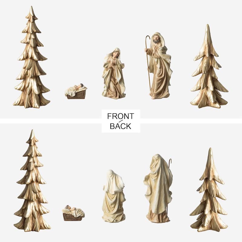 Glitzhome S/5 24.5"H/14"H White/Gold Resin Holy Family Nativity with Christmas Trees