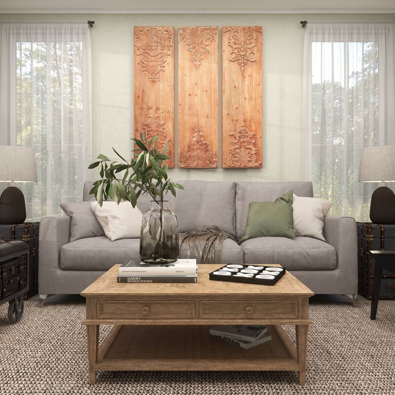 Brown Wood Carved Antefix Floral Home Wall Decor (Set of 3)