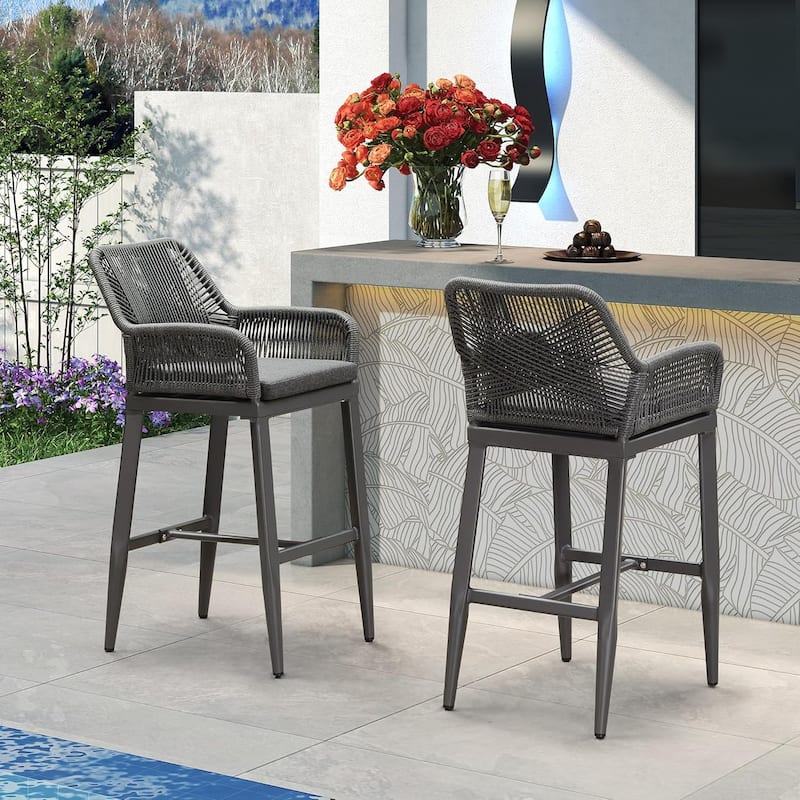 PURPLE LEAF Outdoor Bar Stools Chair Set of 2, All Weather Rattan and Aluminum Patio Bar Stool with Cushion