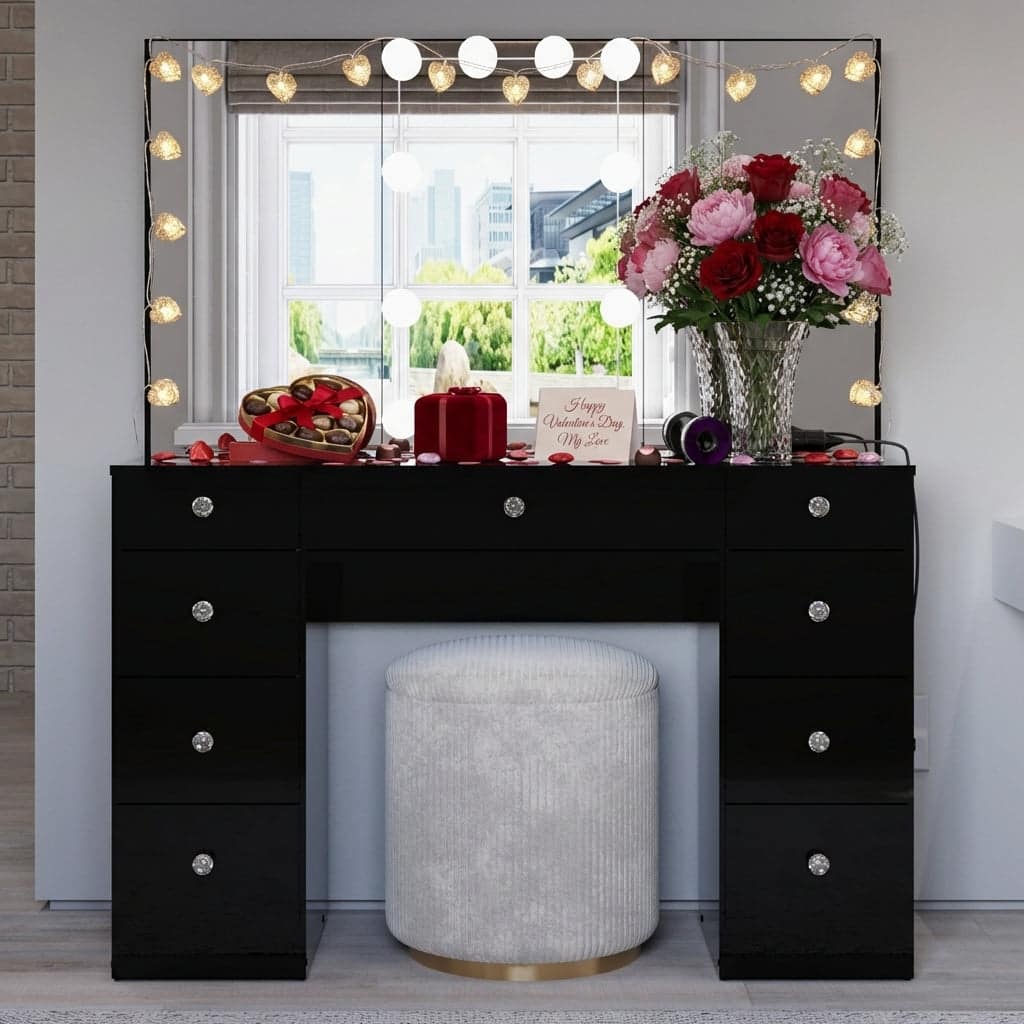 Boahaus w/Tri-Fold Lighted Makeup Vanity Desk With Glam Glass Top 9 Drawers